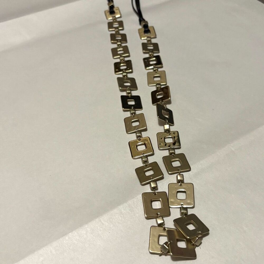 Chico's Gold Tone Station Necklace Hammered‎ Metal Square Link Bohemian